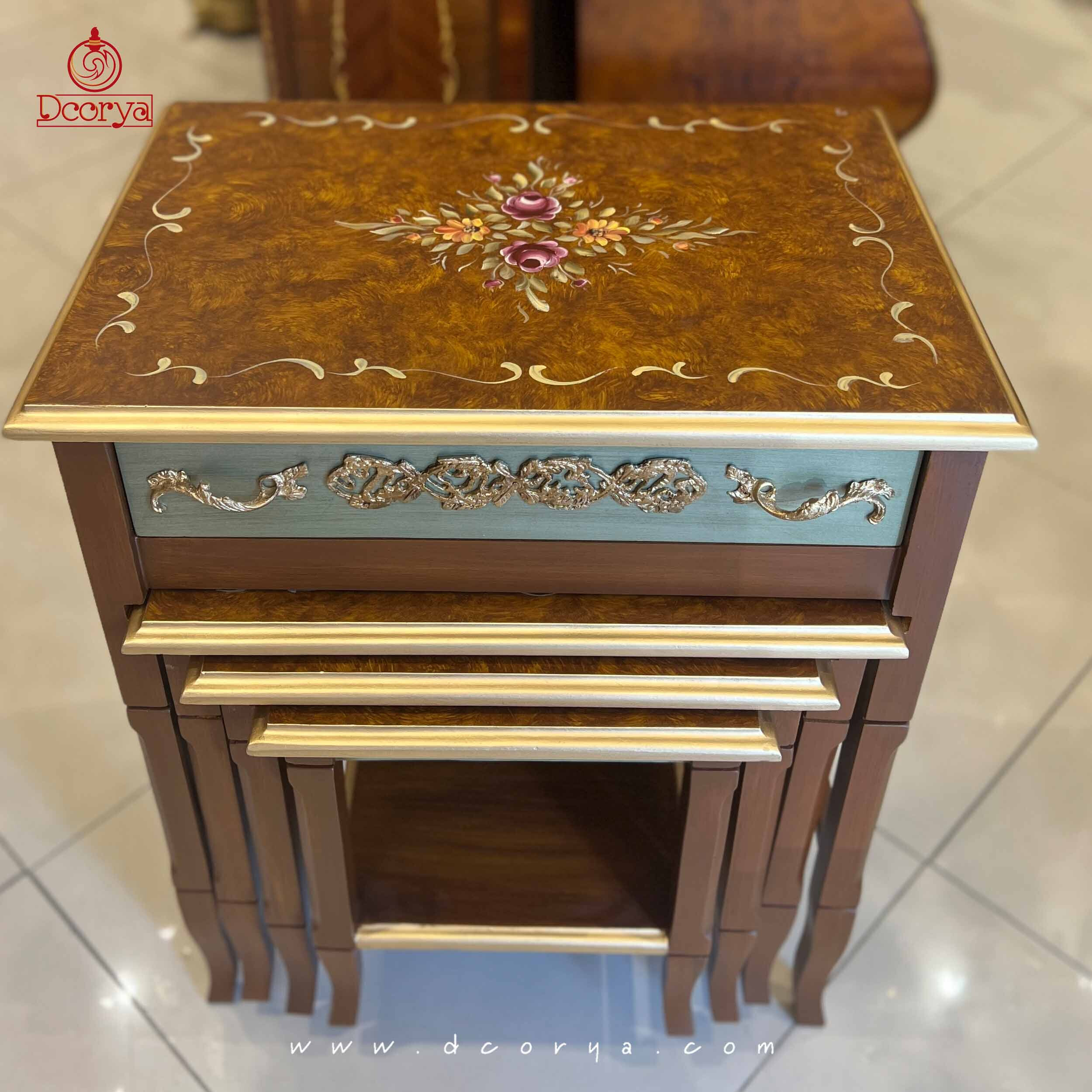 میز عسلی 4 تیکه کشوخور پایه صاف نقاشی برنزخور M027