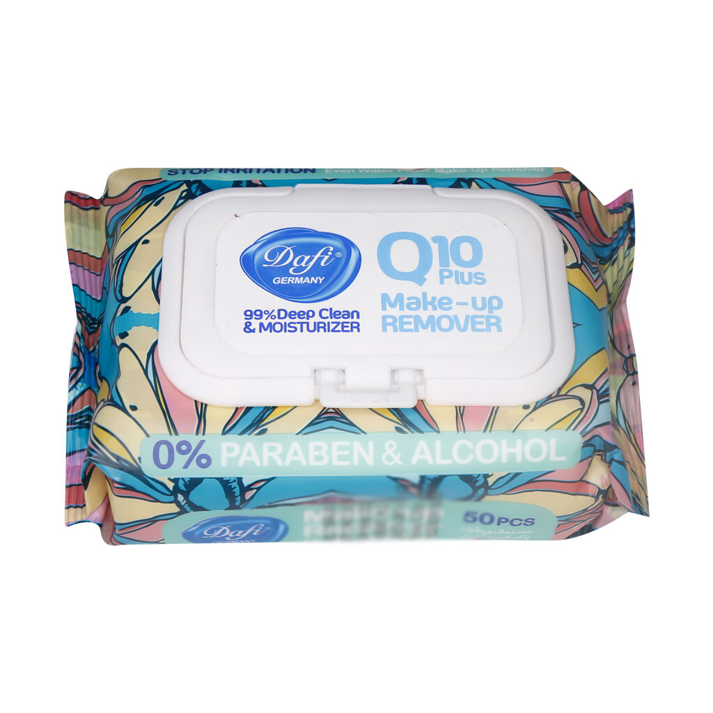 دستمال مرطوب پاک کننده آرایش چشم و صورت دافی ۵۰ عددی مدل Q10 plus