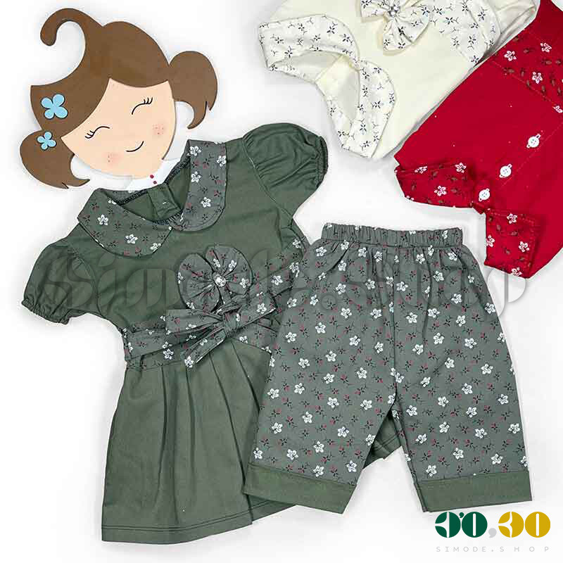 پیراهن شلوارک کمرگلدار 30-35 دخترانه